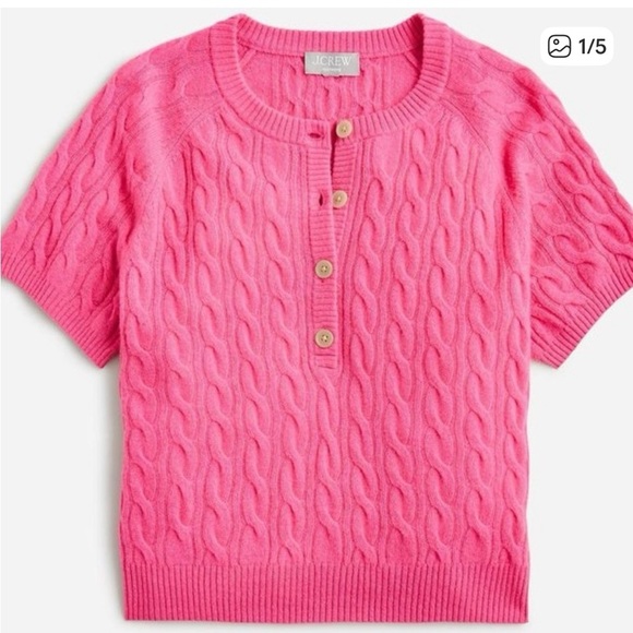 J. Crew Hot Pink Cashmere Henley Short Sleeve Cable Knit Sweater - Picture 6 of 6